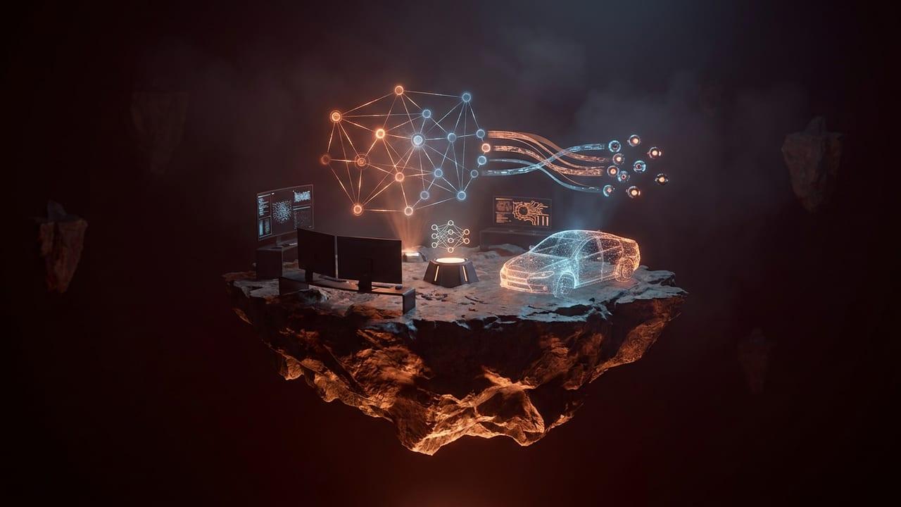 An agentic AI workspace — knowledge graph, log streams, a crash mesh