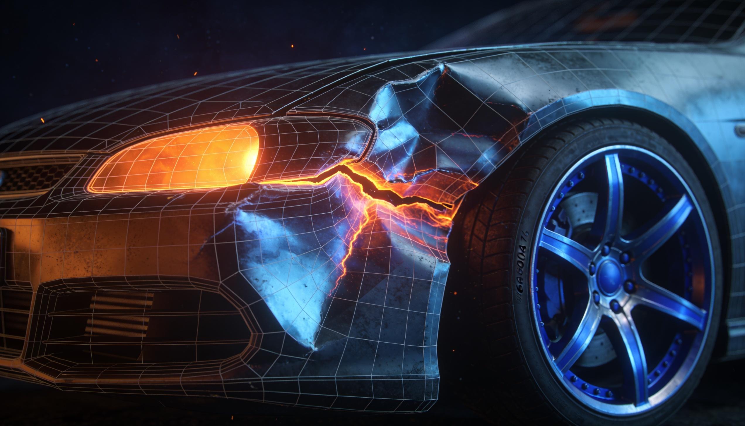 Close view of a crash fold line, wireframe over sheet metal, ember fracture light