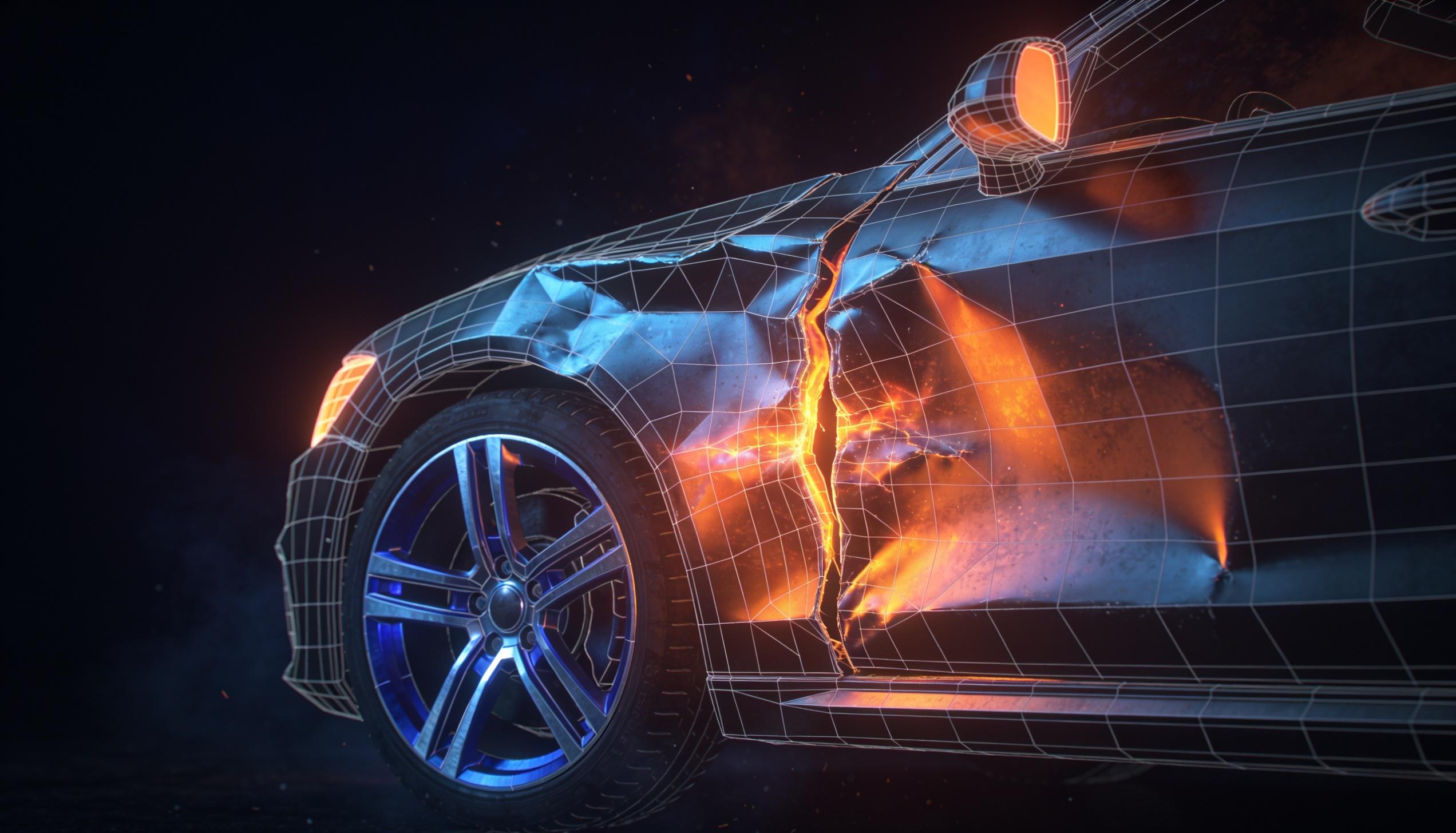 Crash simulation — a car body folding, FEM mesh visible, stress blooming ember at the crease