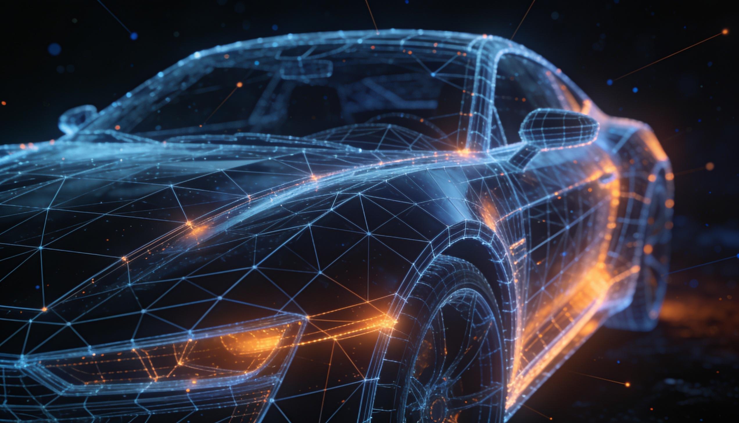 A car surface wrapped in a dense glowing finite-element wireframe, steel lines with ember hotspots