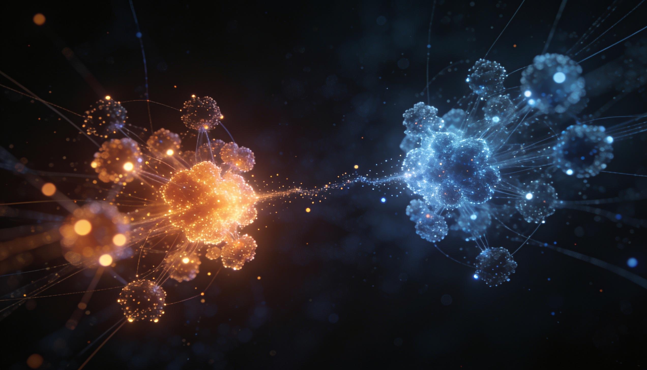 High-dimensional embeddings as glowing clusters connected by faint lines