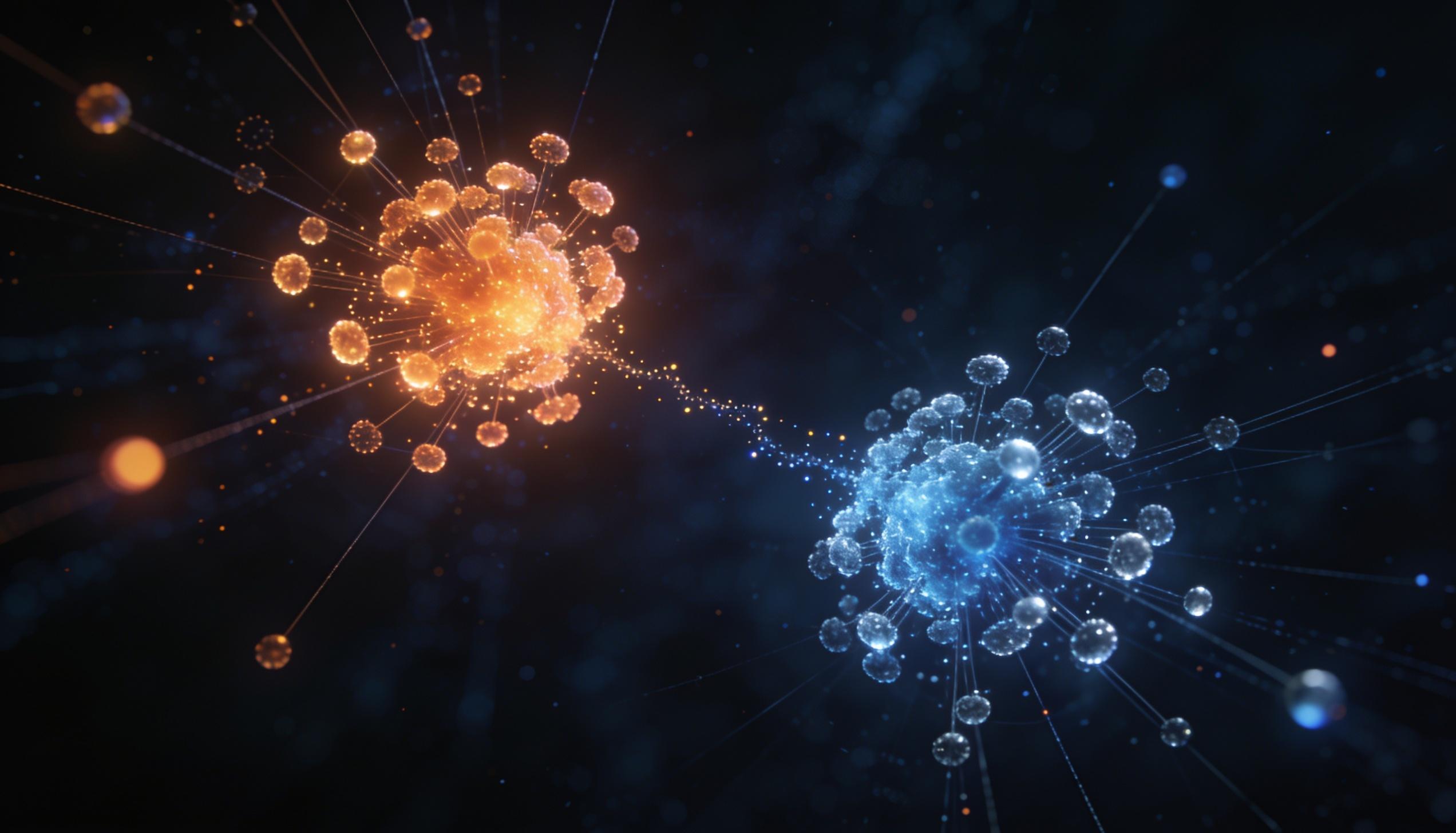 Two clustered constellations — ember and steel — bridged by a sparse trajectory of points
