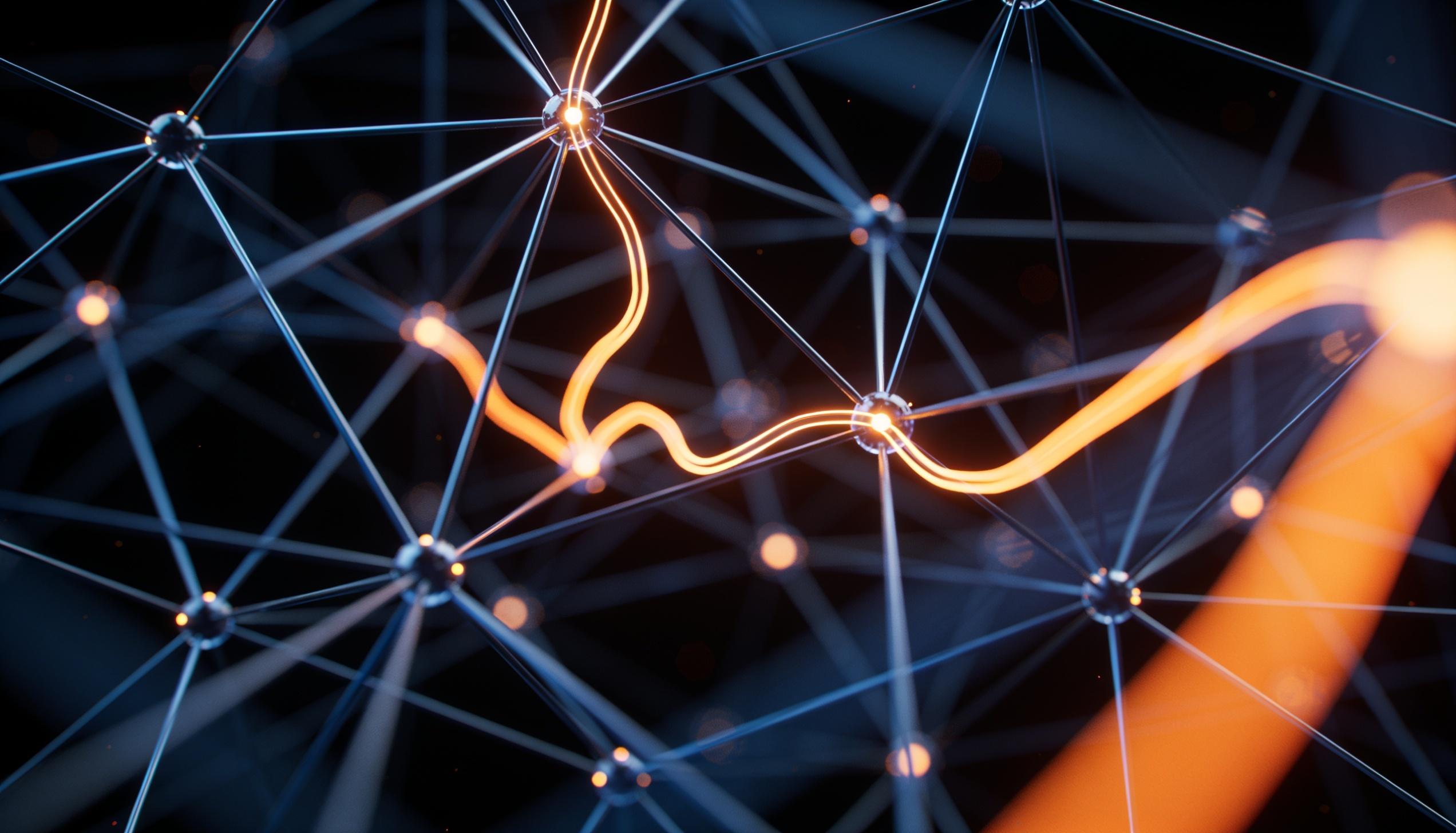 A route-optimization graph — one ember path traced through a network of steel nodes
