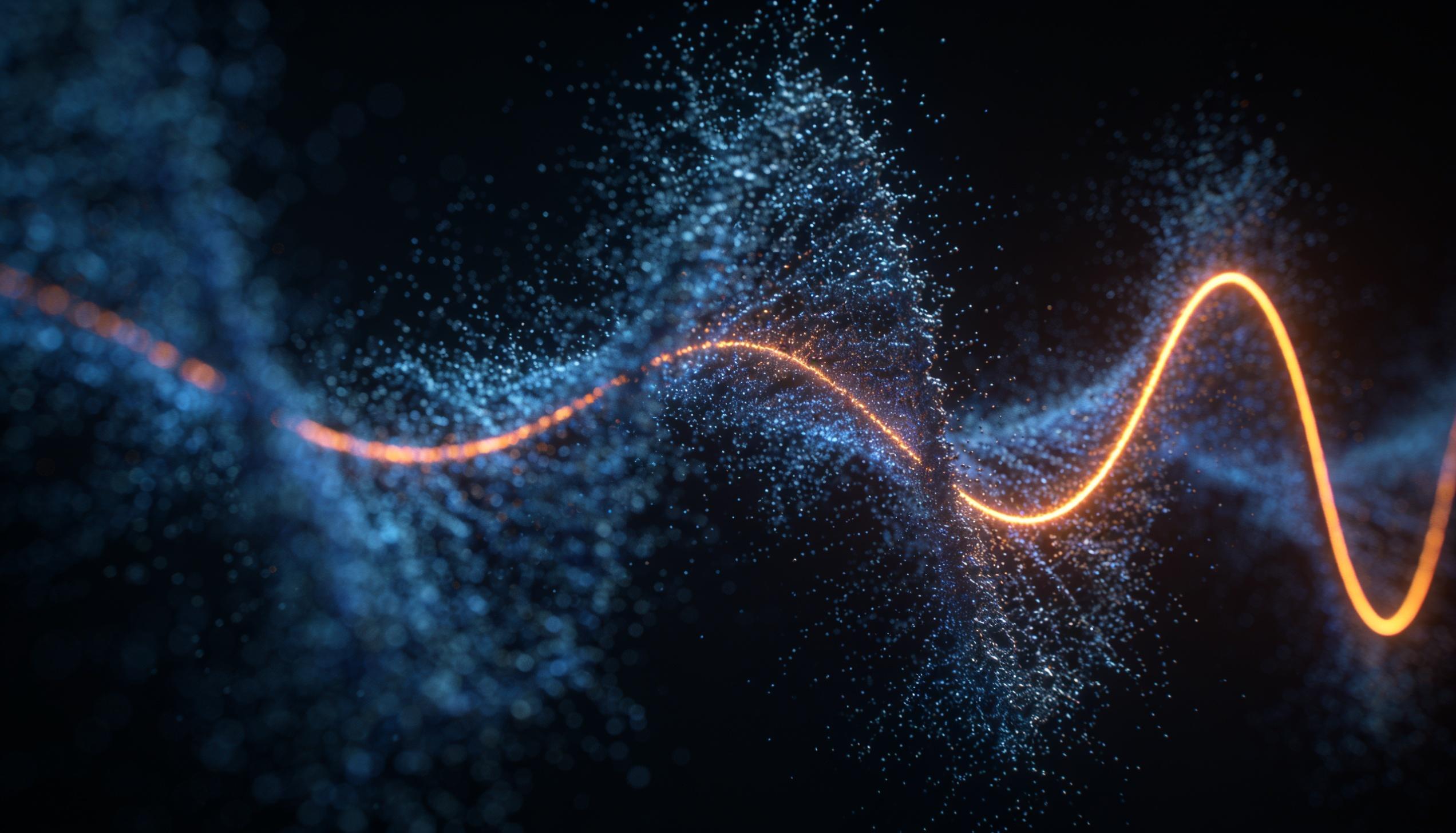 A noisy steel-blue waveform resolving into one clean ember curve