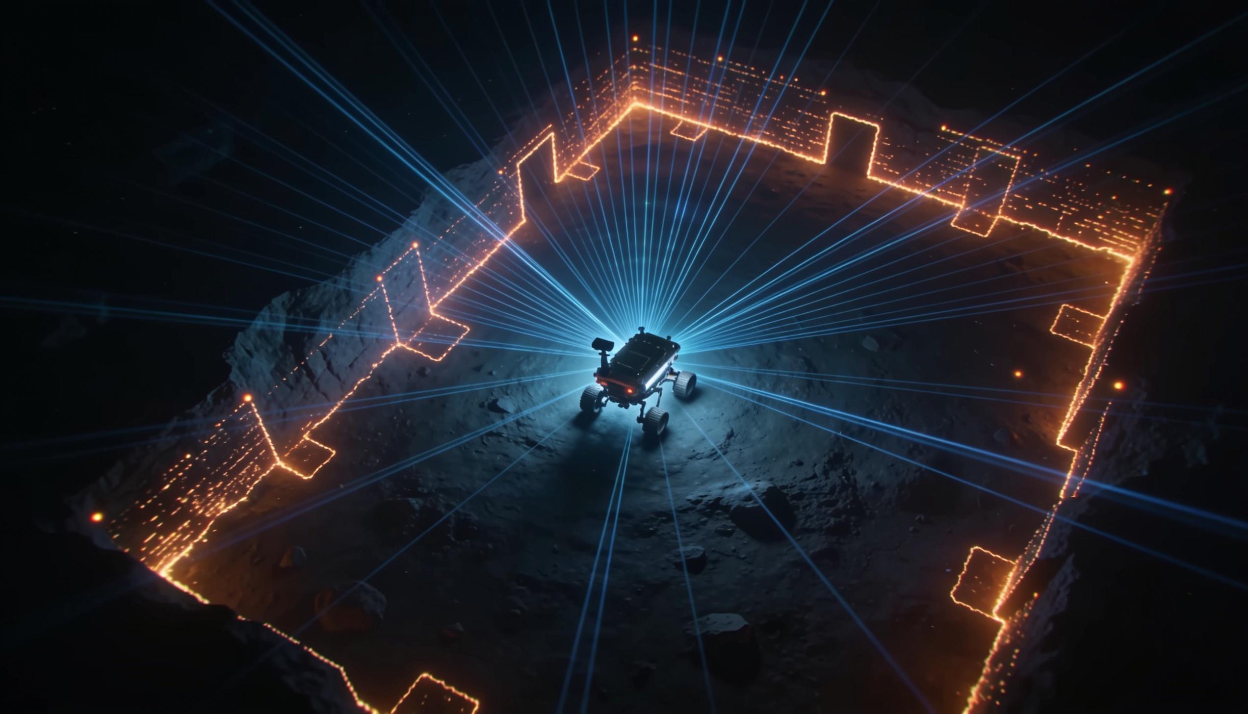 A lidar scan map forming — steel scan rays revealing a floor plan in ember outlines